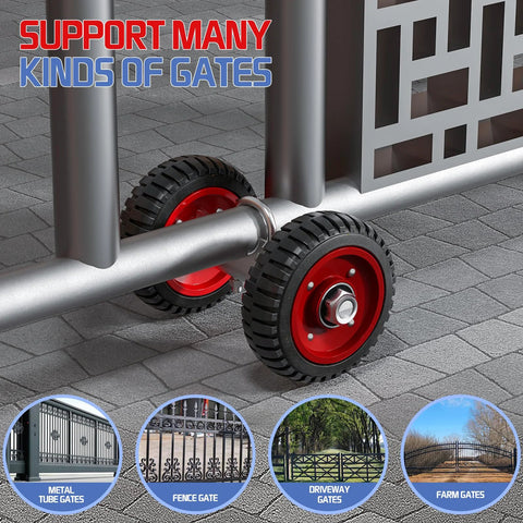 8 Inch Rolling Gate Wheel For Sliding Gates Heavy Duty Casters on metal gate, red rubber tire, steel plate, galvanized finish