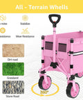 Collapsible Folding Wagon Cart With 360 Degree Wheels And Extendable Handle, heavy duty pink wagon shown on various terrain types.
