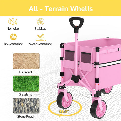 Collapsible Folding Wagon Cart With 360 Degree Wheels And Extendable Handle, heavy duty pink wagon shown on various terrain types.