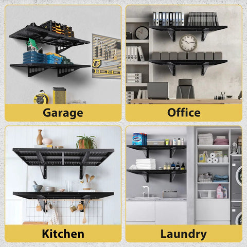 2 Pack 2x4 Foot Wall Mounted Garage Shelves With 4 Hooks Tough As Nails Heavy Duty Storage Racks in various room settings