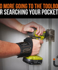 Kickass Magnetic Wristband With Thumb Loop Keeps Screws Nails And Drill Bits Locked Tight While You Tackle Projects Crafted From Reinforced Ballistic Nylon, being worn while using a power drill.