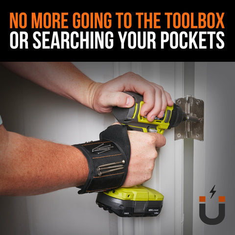 Kickass Magnetic Wristband With Thumb Loop Keeps Screws Nails And Drill Bits Locked Tight While You Tackle Projects Crafted From Reinforced Ballistic Nylon, being worn while using a power drill.