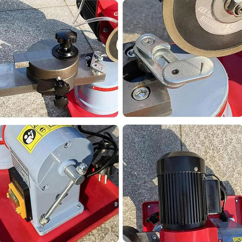 Close-up of Heavy Duty Circular Saw Blade Sharpener And Scraper Grinder with 370 Watt motor and grinding adjustments.