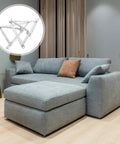 Heavy Duty Triangular Spring Hinges For Sofa Beds And Home Storage Foldable Lift Up Steel Hinges shown with grey L-shaped sofa