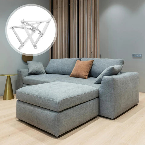 Heavy Duty Triangular Spring Hinges For Sofa Beds And Home Storage Foldable Lift Up Steel Hinges shown with grey L-shaped sofa