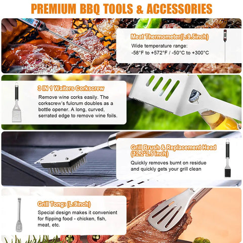 38 Piece Stainless Steel BBQ Grill Tools Set With Aluminum Case Thermometer Grill Mats Meat Injector Basting Brush Cleaning Brush And More for Camping and Backyard Barbecue kit with accessories and descriptions.