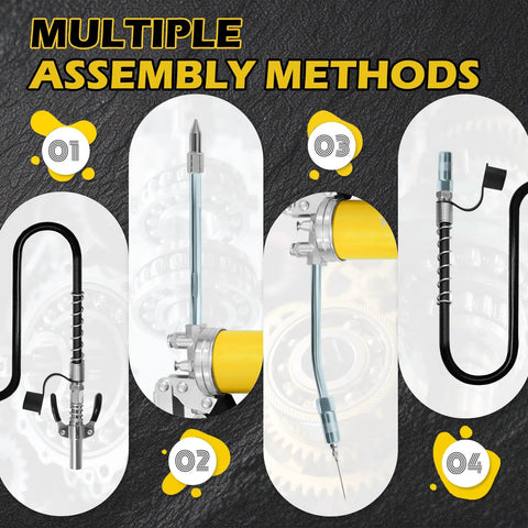 Different assembly views of the Heavy Duty Beefy 14Oz 15 Piece Pro Grade Grease Gun Kit With 7000 PSI Leak-Proof Spray Gun.