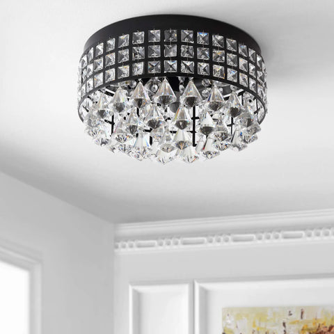 14.5 Inch Black Three Light Iron And Crystal Flush Mount Drum Ceiling Light With Faceted Crystal Drops for bedroom hallway