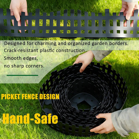 Hands holding Flexible Garden Edging Border Kit 33 Ft Black Lawn Edging With 60 Stakes, 4.7 In Tall, Bendable Plastic Border