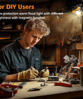 Person using Dual Sided Magnetic Work Light With 2400 Lumens Rechargeable Power Stepless Dimming 2700K To 8000K Color Temperature 360 Degree Rotating Stand And Built In Hook Up To 80 Hours Runtime in a workshop.