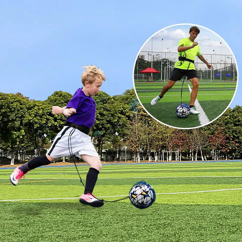 Hand Free Soccer Kick Trainer Solo Juggling Ball With Secure Lock Design For Crushing Ball Control and Precision Shooting Drills in action with young player.