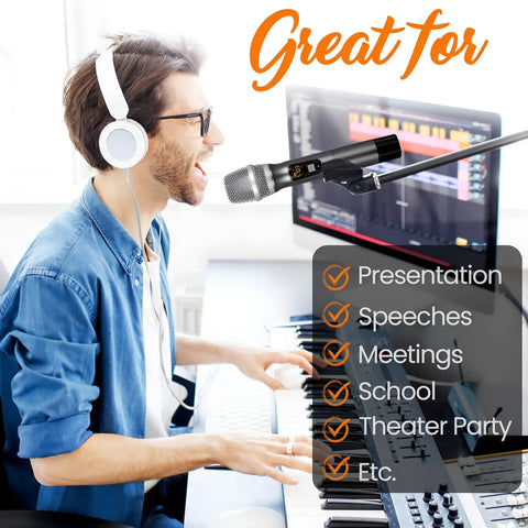 Musician using UHF Wireless Microphone System Kit Portable Pro Battery Operated Handheld Dynamic Cordless Transmitter Set