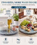 Two Pack Mother Of Pearl Lazy Susan Turntable Set With Blue Wicker 12 And 13 Inch Rotating Trays on kitchen counters and dining table.
