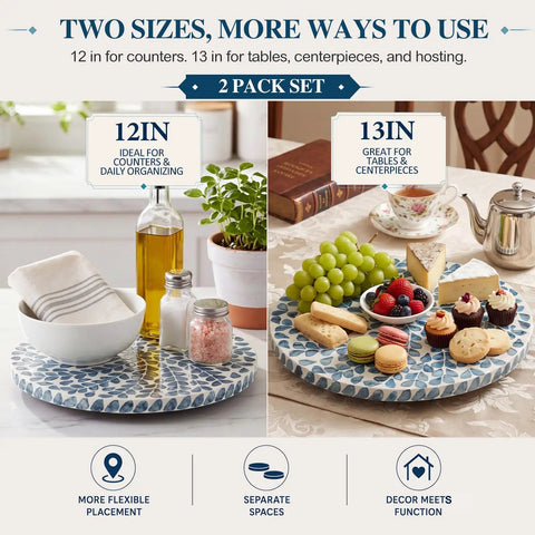 Two Pack Mother Of Pearl Lazy Susan Turntable Set With Blue Wicker 12 And 13 Inch Rotating Trays on kitchen counters and dining table.