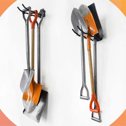 4 Pack Heavy Duty 12 Inch Long Wave Wall Mount Hooks For Ladders Shovels Chairs And Garden Tools Steel Garage Organizer With 60 Lb Capacity Black Matte Finish Maximizes Wall Storage And Keeps Your Tools Easy To Grab showing shovels and tools organized in garage