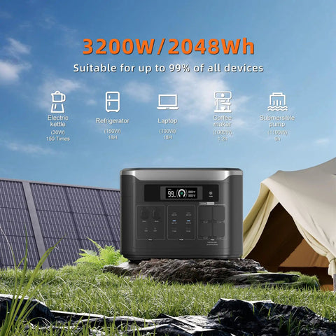 Straight Up Powerhouse Solar Generator With 200W Solar Panel Portable Power Station 3200W displaying power output and usage details outdoors.