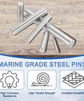 Heavy Duty Marine Grade 316 Stainless Steel Dowel Pins 8mm By 80mm Set Of 5 For Pegs Shelves DIY Projects Durable Round Metal Rods Rust Resistant And More displayed on a wooden surface