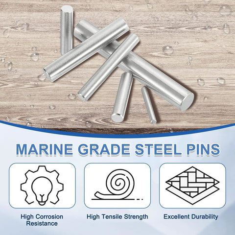 5 Pack Marine Grade 316 Stainless Steel Dowel Pins 8mm By 60mm Round Rods displayed on wooden surface with rustproof features
