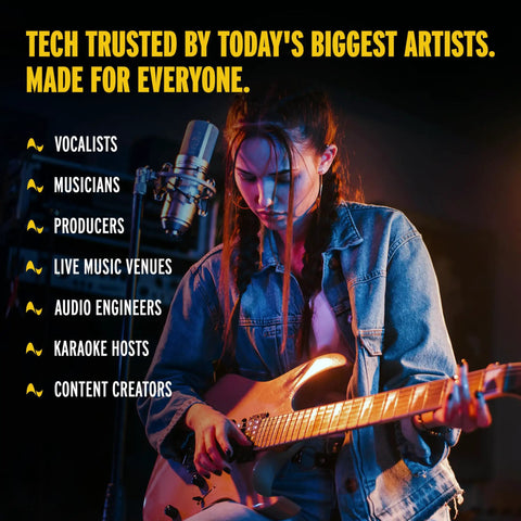 Musician playing guitar on stage with mic, featuring VX5 Vocal Effects Pedal With Antares AutoTune Real Time Pitch Correction.