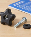 Star Hand Knob Threaded Adjustment Handle Set with Plastic Clamping Knob Screw and Nut on wooden surface