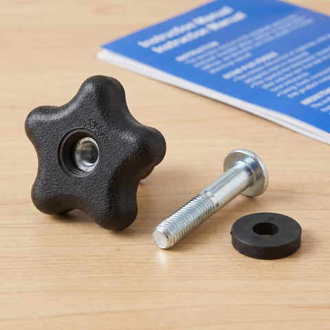 Star Hand Knob Threaded Adjustment Handle Set with Plastic Clamping Knob Screw and Nut on wooden surface