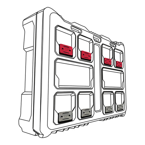 8 Pack Red Mounting Feet For Milwaukee Packout System Adapters installed on storage case, UK-made ABS plastic