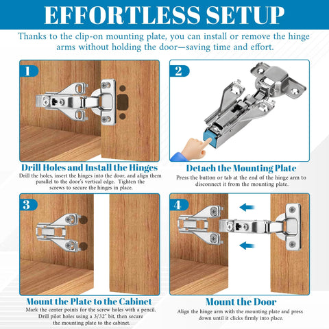 Guide for installing 10 Pack Half Inch Overlay Soft Close Cabinet Hinges With 105 Degree 3D Adjustable Clip On Concealed Cupboard Hinges