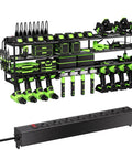 Power Tool Wall Mount Organizer With Charging Station And 8 Outlet Strip Heavy Duty Garage Drill Rack For Battery Charging Keeps DeWalt And Milwaukee Gear Charged And Ready Easy Access Neat Setup Must Have All In One Station showing tools and outlet strip