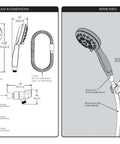 Diagram of Rio Handheld Shower Head With 5 Sprays And 2.5 GPM Flow In Brushed Nickel, showing dimensions and repair parts list.