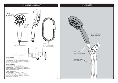 Diagram of Rio Handheld Shower Head With 5 Sprays And 2.5 GPM Flow In Brushed Nickel, showing dimensions and repair parts list.