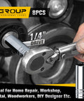 1/4 Inch Drive Deep Socket Set, 8 Piece Metric 12 Point From 6mm To 13mm, Chrome Vanadium Steel with ratchet in use