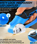 DISEN Cordless Electric Scissors With 3000Mah Lithium Battery showing LED light and safety lock mechanism for precise cutting.