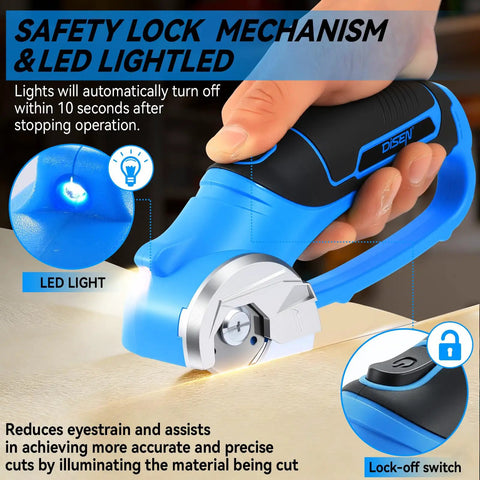 DISEN Cordless Electric Scissors With 3000Mah Lithium Battery showing LED light and safety lock mechanism for precise cutting.