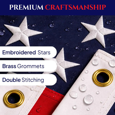 Close-up of 3x5 Outdoor American Flag With Embroidered Stars And Sewn Stripes, Built To Last Heavy Duty 400D Polyester, UV Fade Resistant, Rust Proof Brass Grommets, Yard Flag For Outside, Patriotic Flag For Garden Or Porch