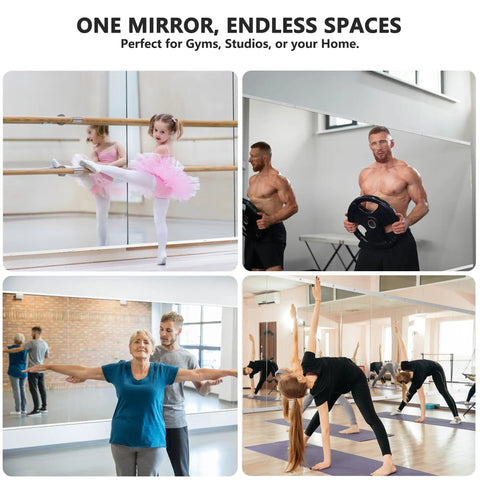 Collage showing uses of Wall Mounted Full Length Gym Mirror Set, 3-Piece 48 By 24 Inch Frameless Glass Body Mirror in various settings