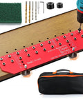 Bulletproof Aluminum Alloy Shelf Pin Jig With 11 Hole Template For Knocking Out Flawless Dowel Spacing On Built Tough Adjustable Woodworking Shelves, red jig with drill holes and accessories.