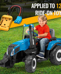 Battery Adapter For Dewalt 20V To Peg Perego Ride On Toy Conversion Kit with fuse holder in use by child on blue tractor toy.