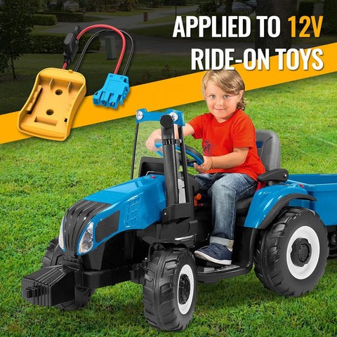 Battery Adapter For Dewalt 20V To Peg Perego Ride On Toy Conversion Kit with fuse holder in use by child on blue tractor toy.