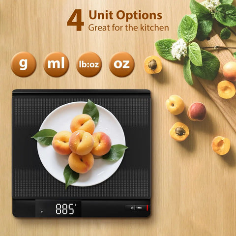 Digital Postal Scale With Backlit LCD Display And Large 10.6 By 9.8 Inch Weighing Platform 15 Kg Capacity Measures In Grams Ounces Pounds And Milliliters Tare Function Auto Off Great For Mailing Cooking And Small Packages with plate of apricots