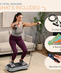 Woman using Waver Vibration Plate Exercise Machine with Loop Bands and Remote Control in living room setup