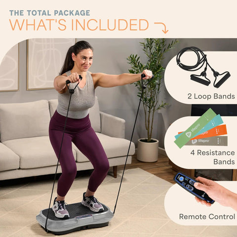 Woman using Waver Vibration Plate Exercise Machine with Loop Bands and Remote Control in living room setup