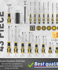 Magnetic Screwdriver Set With Case 43 Piece Including Slotted Phillips Hex Pozidriv Torx And Precision Drivers Magnetizer Demagnetizer Tools For DIYers And Pros Durable 6150 Chromium Vanadium Steel Build displayed on a board.