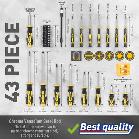 Magnetic Screwdriver Set With Case 43 Piece Including Slotted Phillips Hex Pozidriv Torx And Precision Drivers Magnetizer Demagnetizer Tools For DIYers And Pros Durable 6150 Chromium Vanadium Steel Build displayed on a board.