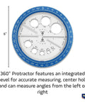 All-In-One Angle And Circle Maker With Integrated Circle Templates And 360 Degree Rotation, 6 Inch And 15 Cm Size, Beveled Edges, Slot Guides, Inside Rotating Disk, Assorted Colors, Protractor And Compass Hybrid Tool, blue 6-inch view