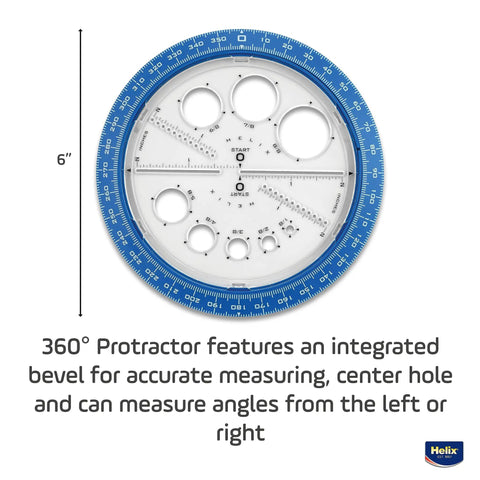 All-In-One Angle And Circle Maker With Integrated Circle Templates And 360 Degree Rotation, 6 Inch And 15 Cm Size, Beveled Edges, Slot Guides, Inside Rotating Disk, Assorted Colors, Protractor And Compass Hybrid Tool, blue 6-inch view