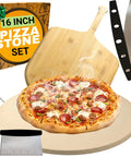 Ultimate 16 Inch Pizza Stone Set With Handles For Oven Or Grill Cordierite Round Stone Plus Wood Pizza Peel And Cutter