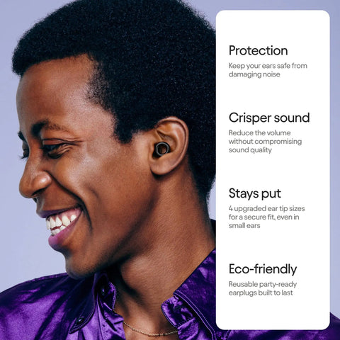Side view of a person wearing Experience 2 Ear Plugs For Concerts And Festivals With High Fidelity Hearing Protection, 17dB Noise Reduction.