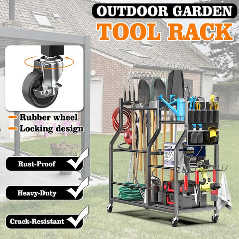 36 Inch Large Garden Tool Organizer On Wheels With Grab And Go Side Pocket Three Tier Rolling Garage Storage Cart For Long Handled Rakes Shovels Brooms Freestanding Yard Tools For Shed And Outdoors displayed outdoors with various tools.