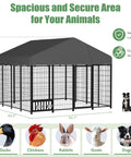 Heavy Duty Outdoor Dog Kennel With Roof For Yard 8x8 Ft Chain Link Fence Dog Run Enclosure Includes Feeding Bowl And Self Locking Latch For Safe, Spacious Outdoor Play And Exercise Built To Last, image showing assembled kennel with animals