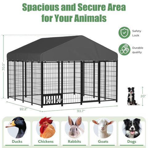 Heavy Duty Outdoor Dog Kennel With Roof For Yard 8x8 Ft Chain Link Fence Dog Run Enclosure Includes Feeding Bowl And Self Locking Latch For Safe, Spacious Outdoor Play And Exercise Built To Last, image showing assembled kennel with animals
